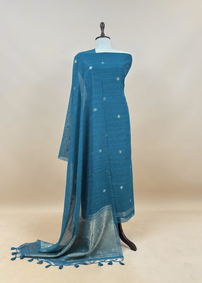 Turquoise Chanderi Unstitched Suit With Gold Zari Jamdani Weaving