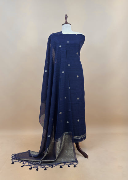 Turquoise Chanderi Unstitched Suit With Gold Zari Jamdani Weaving
