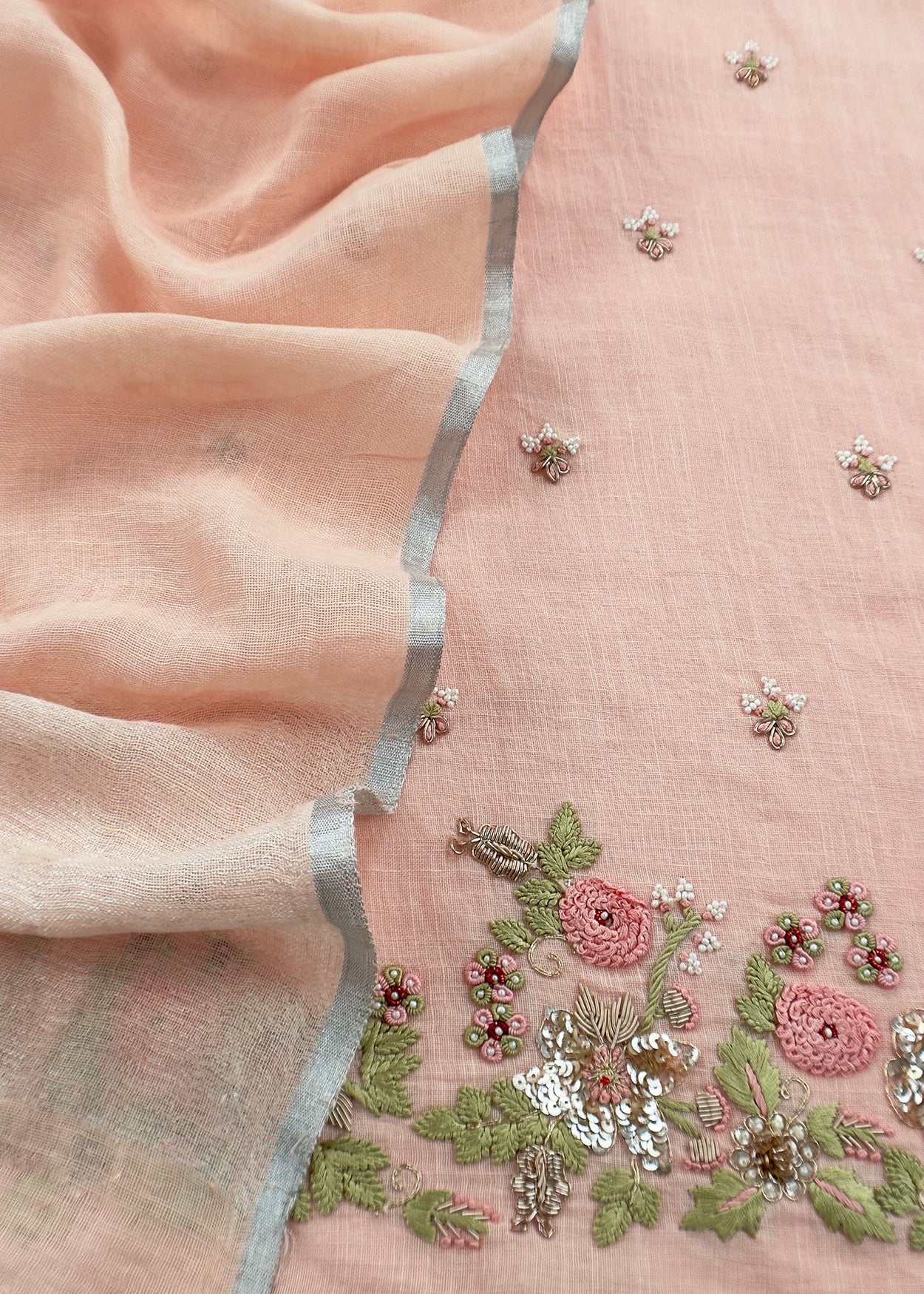 Peach Presenting Our Pure Linen Unstitched Dupatta-Suit From Kalasheel’s The Little Garden Collection
