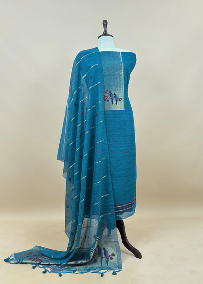Turquoise Jamdani Woven Unstitched Suit With Paithani Work