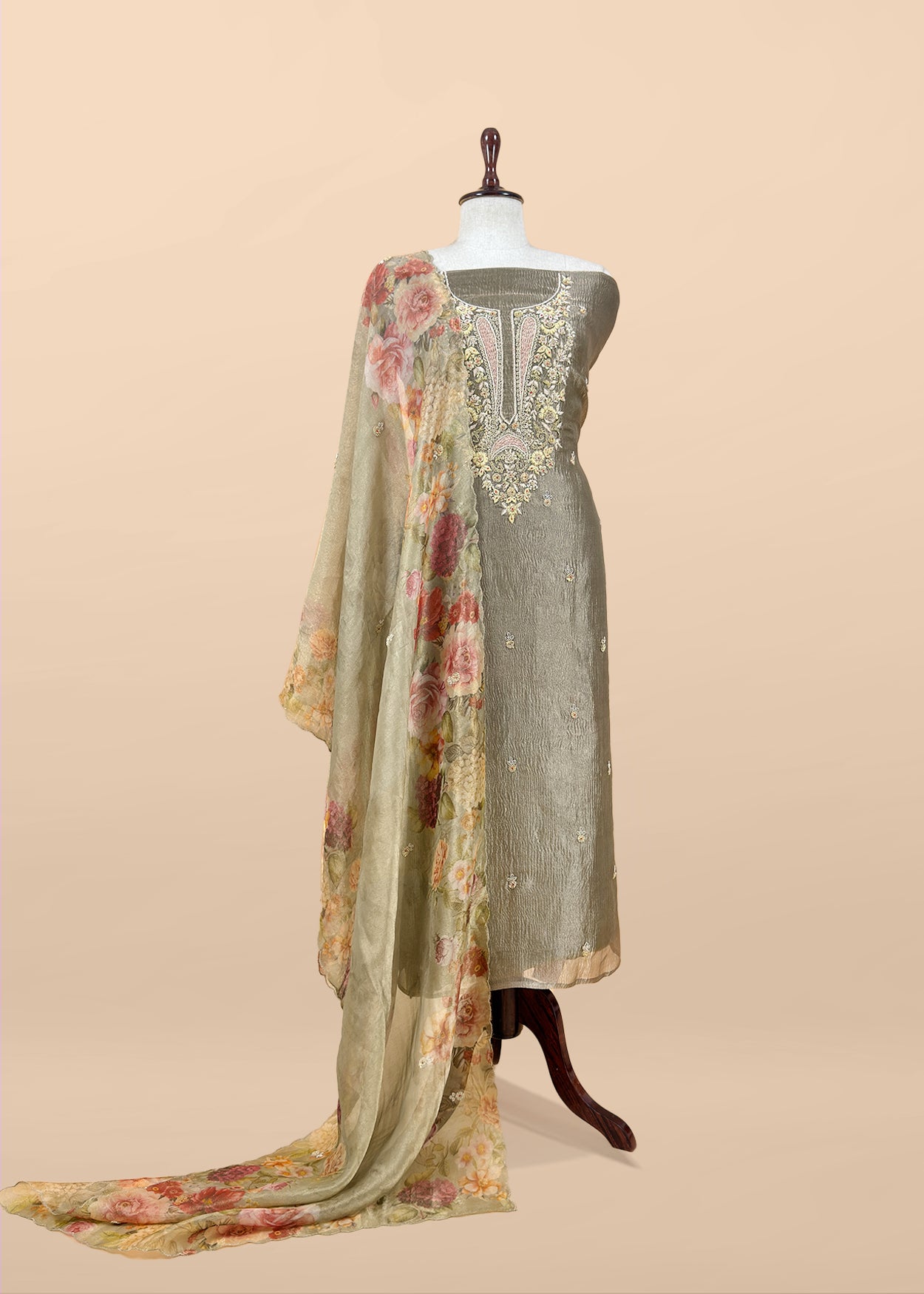 Olive Green Pure Crushed Tissue Kurta And Brush-Print Dupatta With Handwork