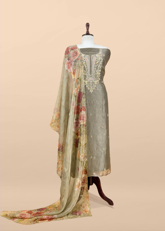 Olive Green Pure Crushed Tissue Kurta And Brush-Print Dupatta With Handwork