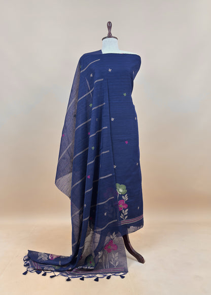 Derk Blue Floral Jamdani Weaved Unstitched Suit In Chandari