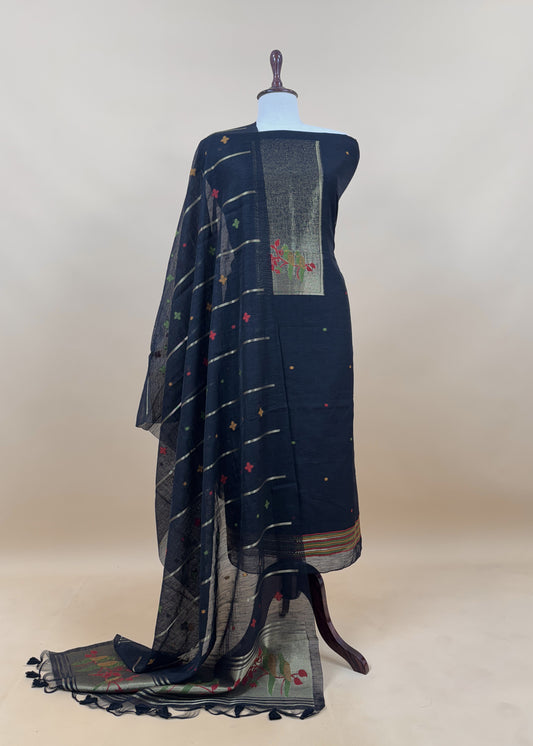 Black Jamdani Woven Unstitched Suit With Paithani Work