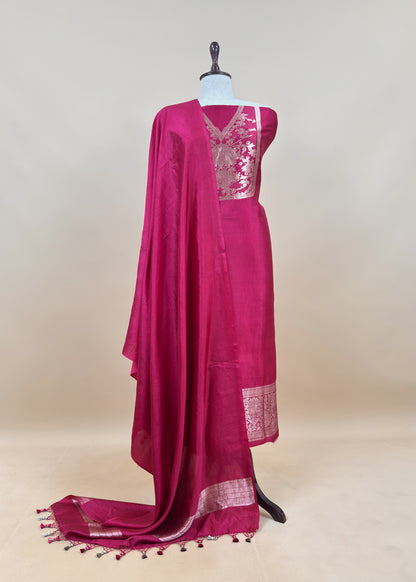 Yellow Handloom Katan Silk Suit Fabric With Peonies Kadwa Weaving