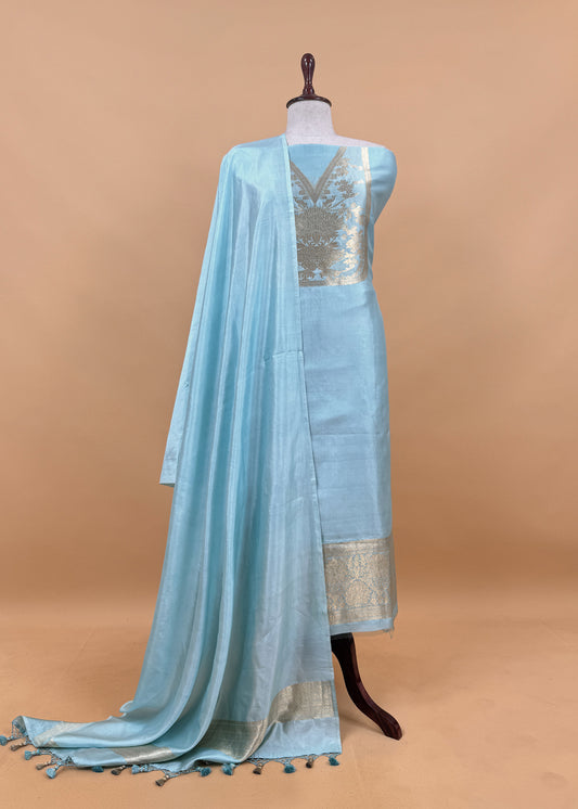 Blue Handloom Katan Silk Suit Fabric With Peonies Kadwa Weaving