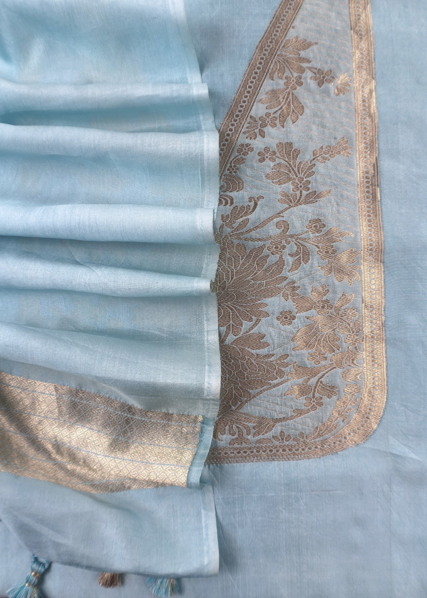 Blue Handloom Katan Silk Suit Fabric With Peonies Kadwa Weaving