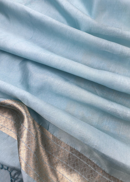 Blue Handloom Katan Silk Suit Fabric With Peonies Kadwa Weaving
