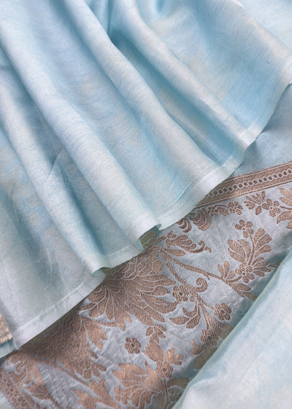 Blue Handloom Katan Silk Suit Fabric With Peonies Kadwa Weaving