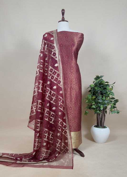 Maroon Brocade Kurta With Organza Dupatta