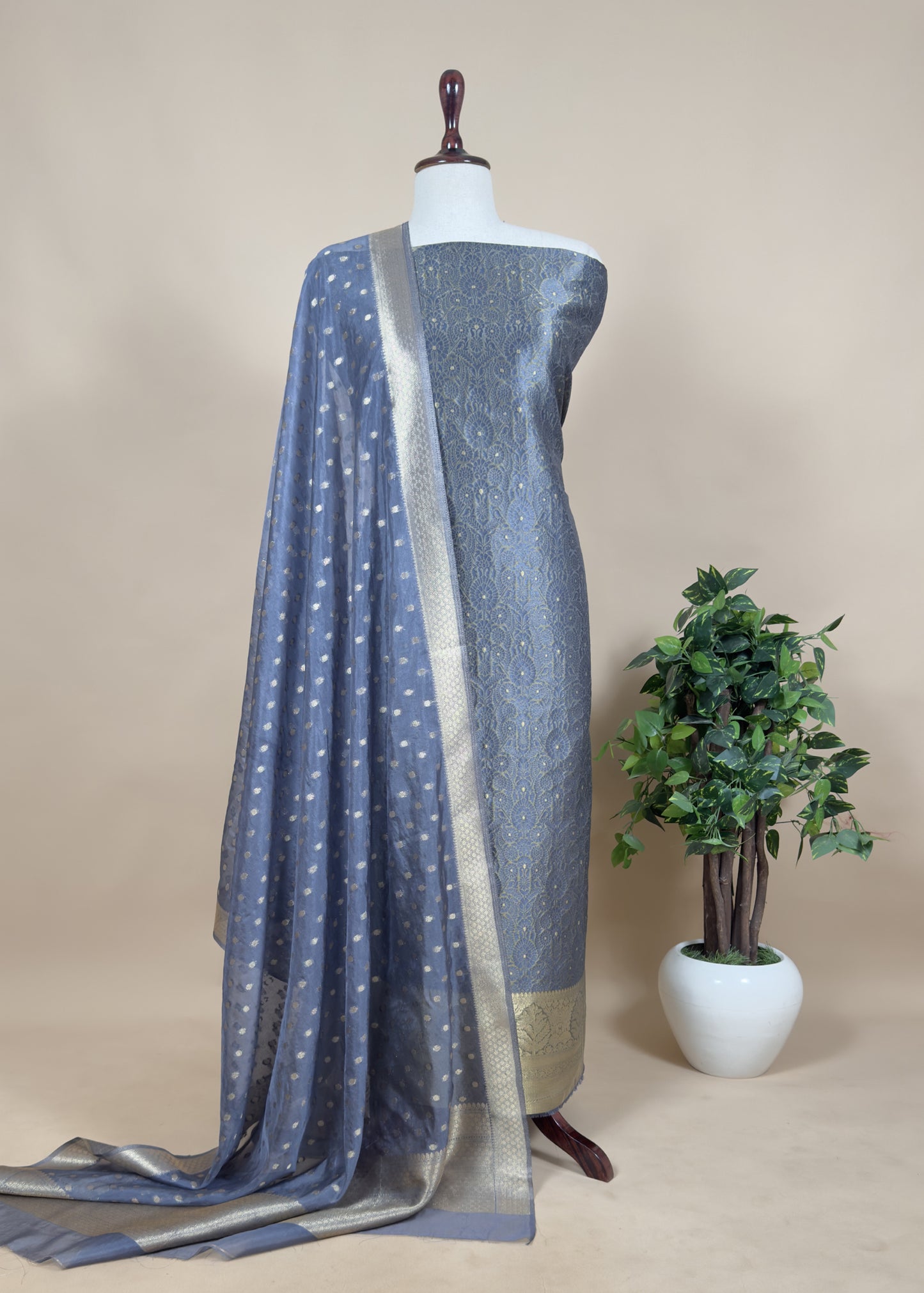 Greyish Blue Brocade Kurta With Organza Dupatta