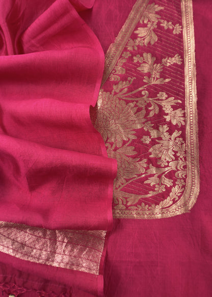 Maroon Handloom Katan Silk Suit Fabric With Peonies Kadwa Weaving