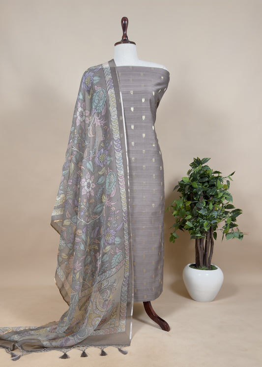 Chikoo Grey Handloom Banarasi Suit Set With Kalamkari Organza Dupatta