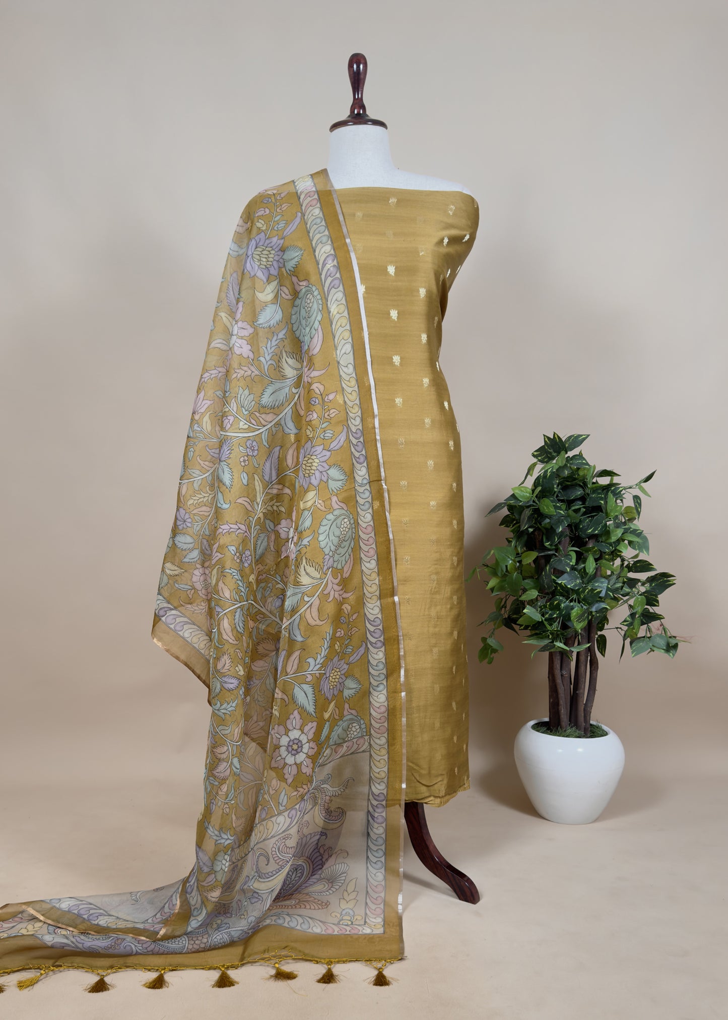 Chikoo Grey Handloom Banarasi Suit Set With Kalamkari Organza Dupatta