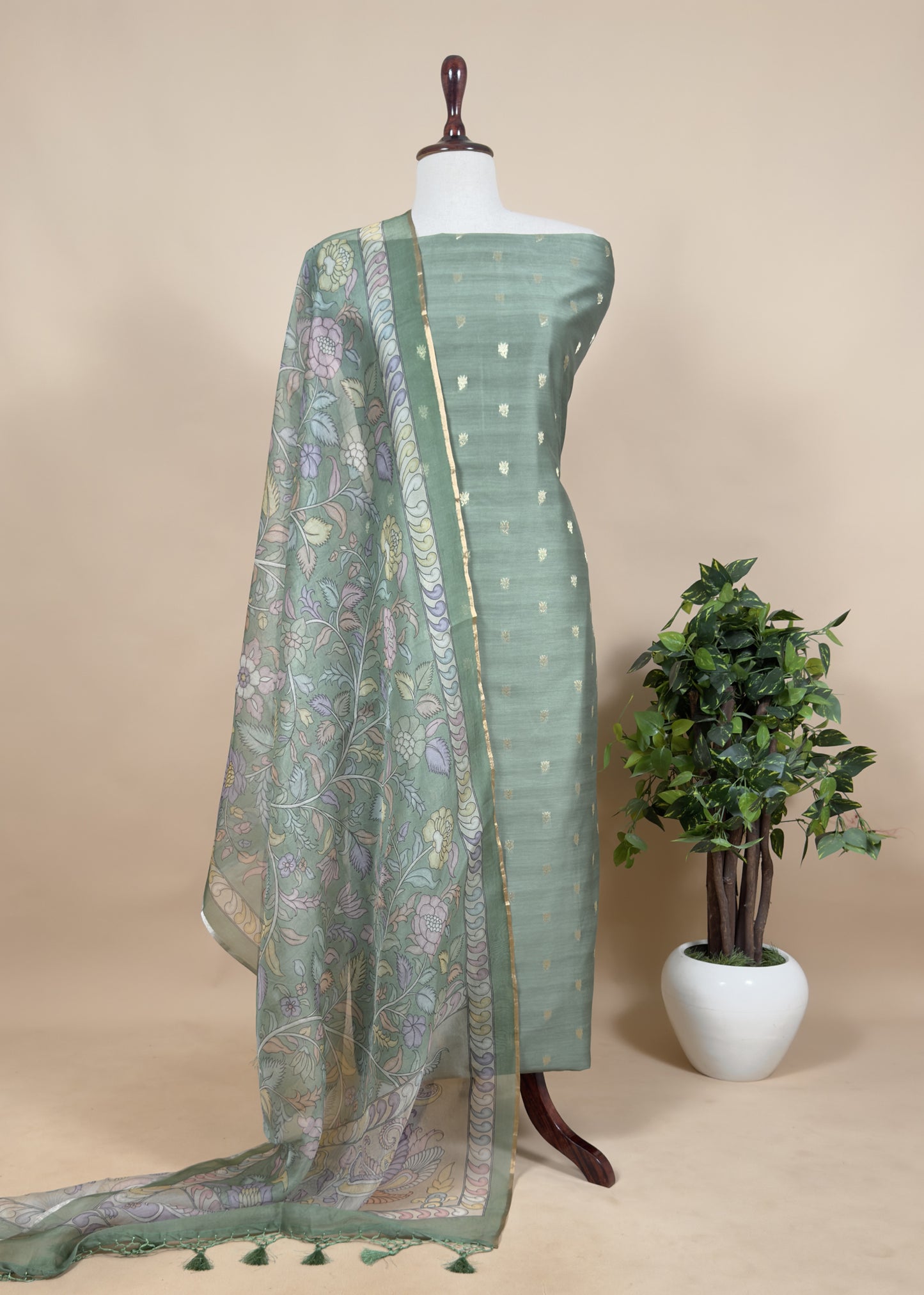 Chikoo Grey Handloom Banarasi Suit Set With Kalamkari Organza Dupatta