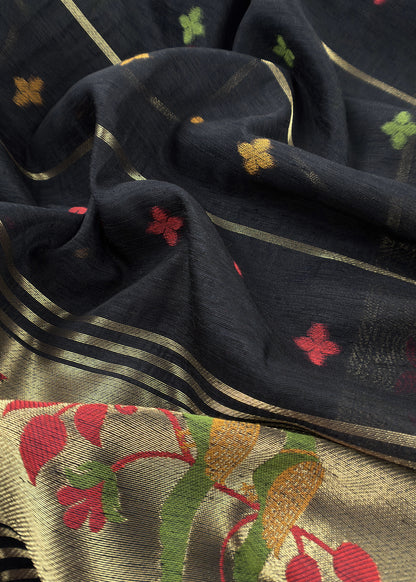 Black Jamdani Woven Unstitched Suit With Paithani Work