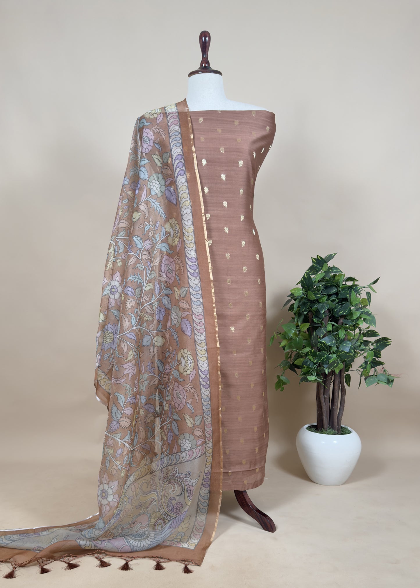 Chikoo Grey Handloom Banarasi Suit Set With Kalamkari Organza Dupatta