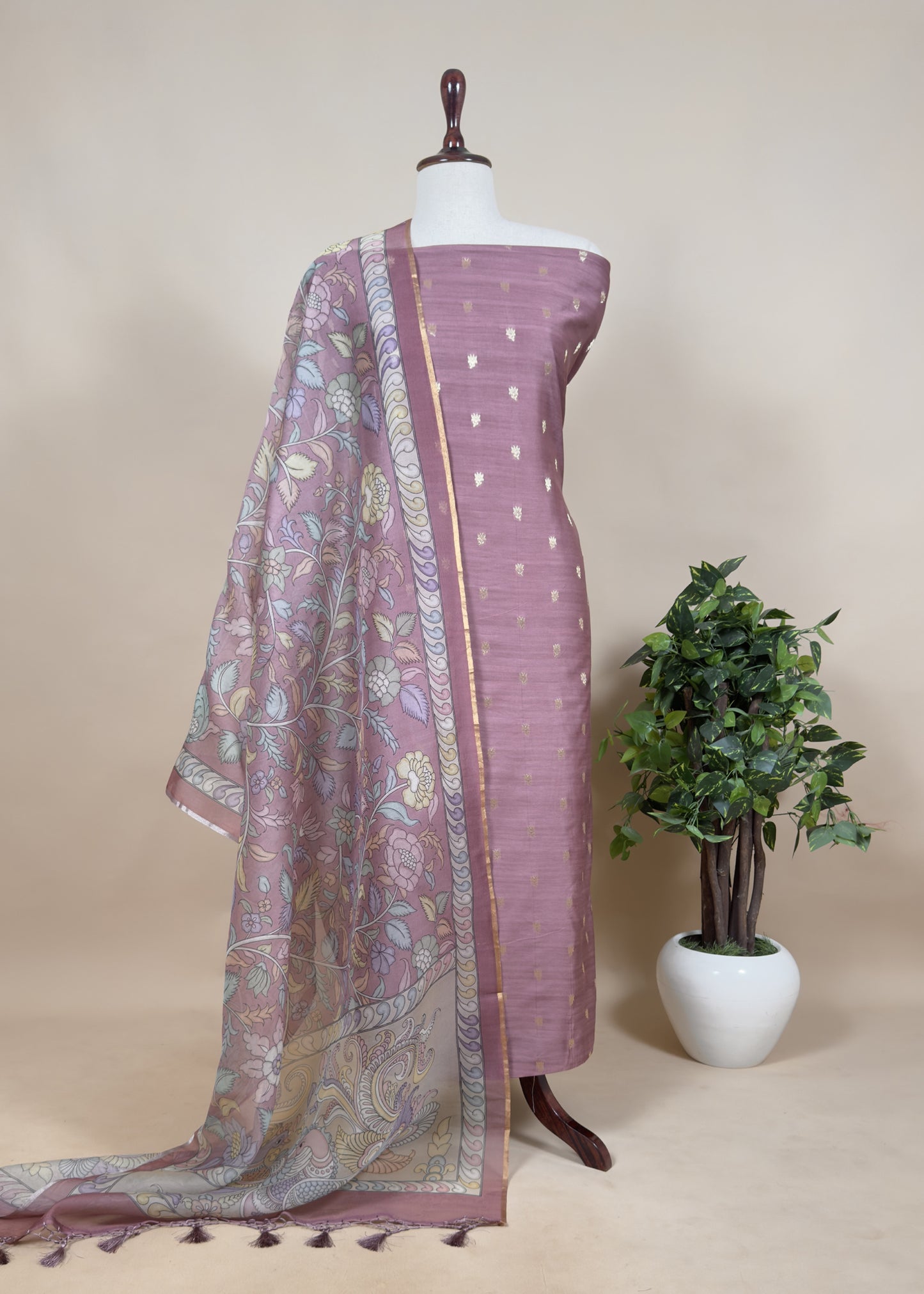 Chikoo Grey Handloom Banarasi Suit Set With Kalamkari Organza Dupatta