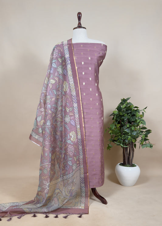 Turkish Rose Handloom Banarasi Suit set with Kalamkari Organza dupatta