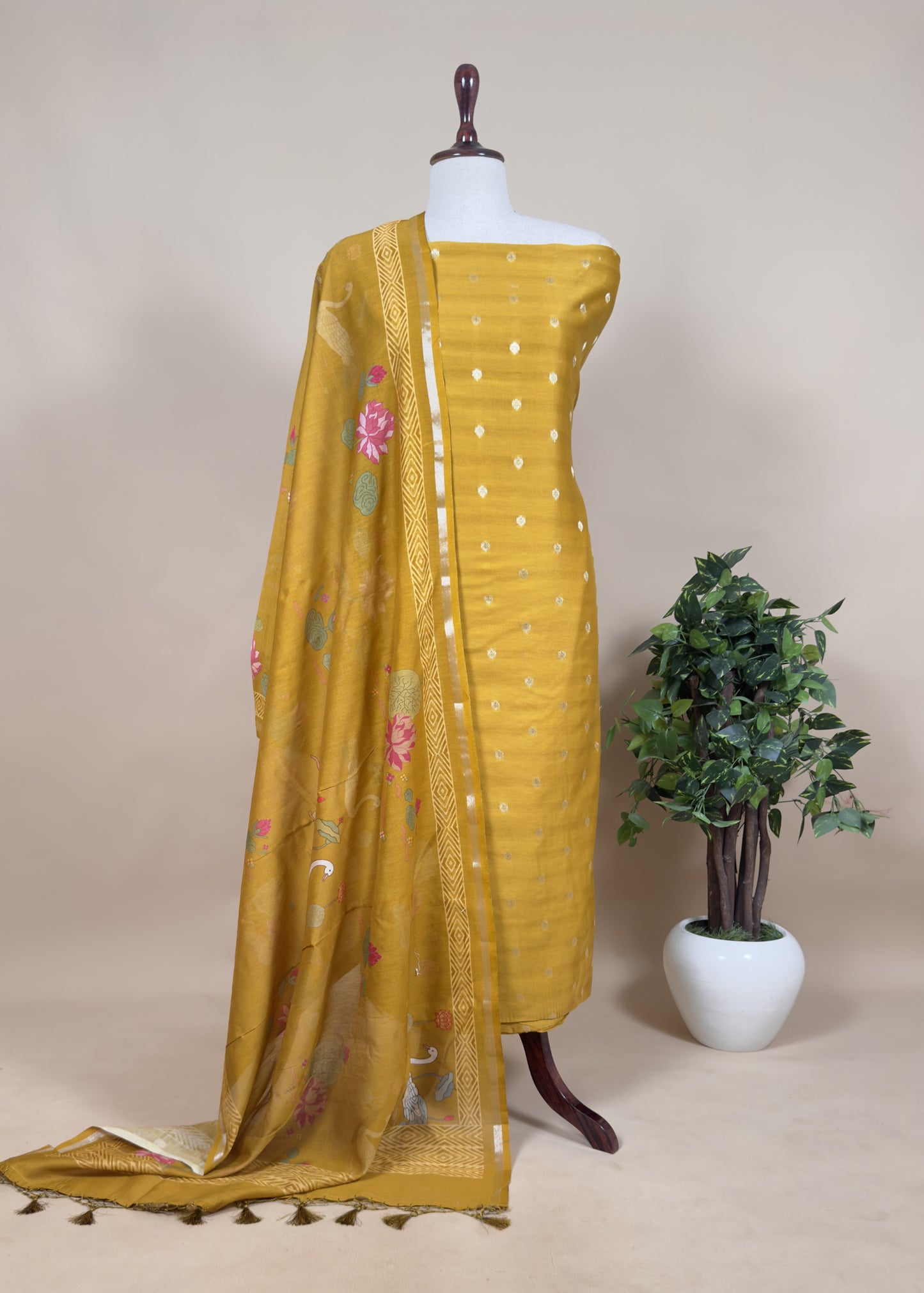 Yellow Pure Unstitched Handloom Banarasi Chanderi Suit Brushprint Dupatta