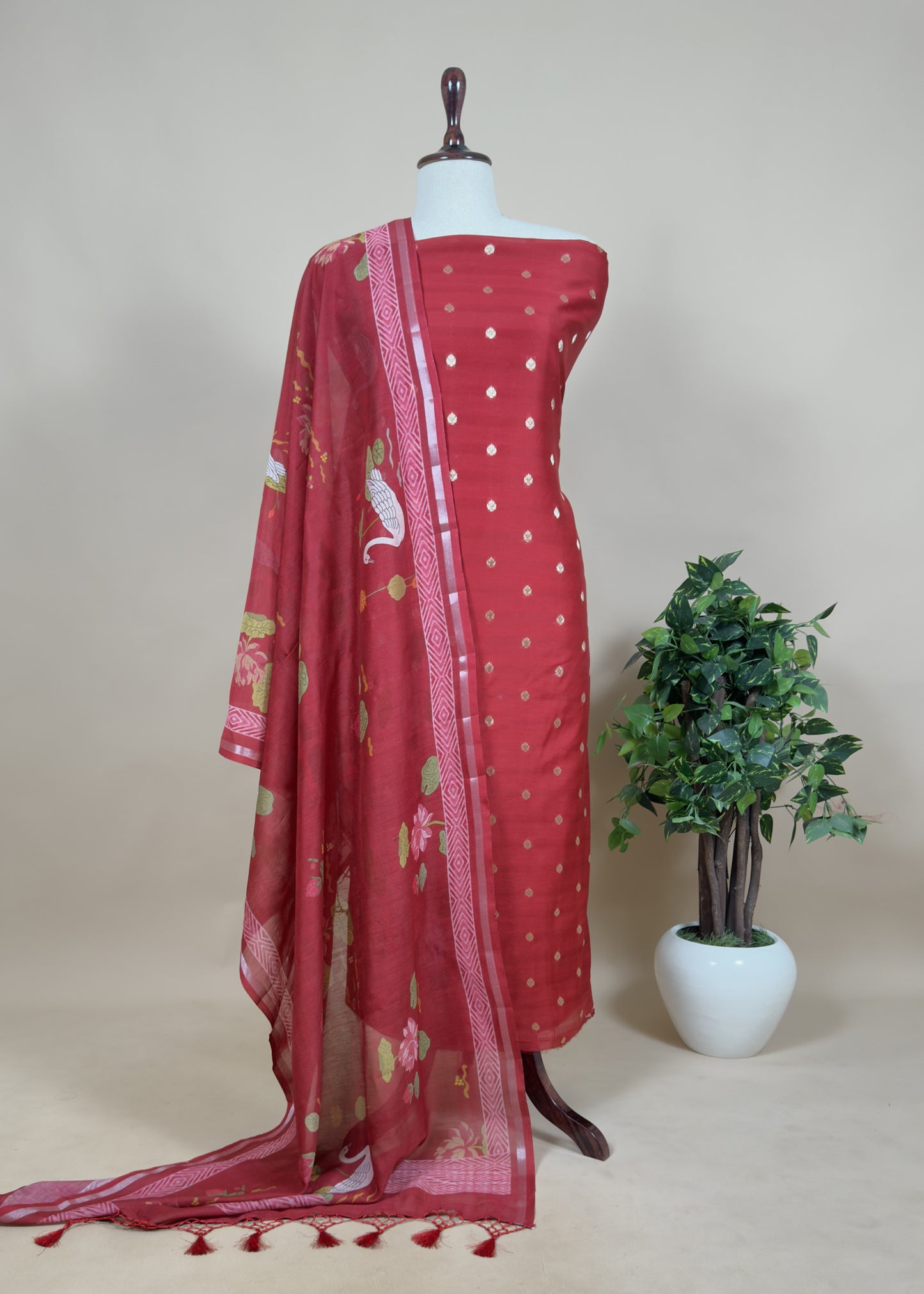 Pure Unstitched Handloom Banarasi Chanderi Suit Brushprint Dupatta