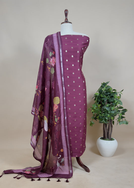 Pure Unstitched Handloom Banarasi Chanderi Suit Brushprint Dupatta