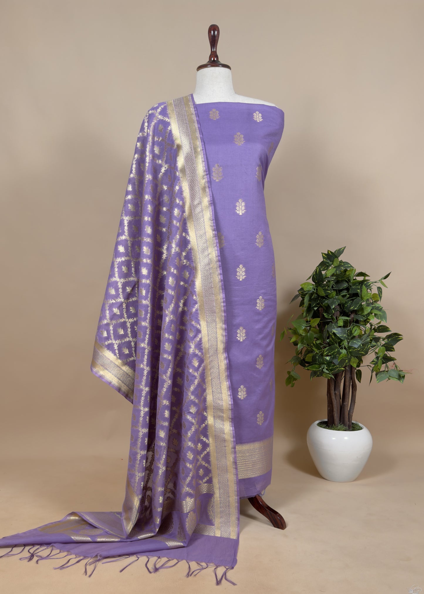 Purple Handloom Munga Silk Suit With Zari Weaving