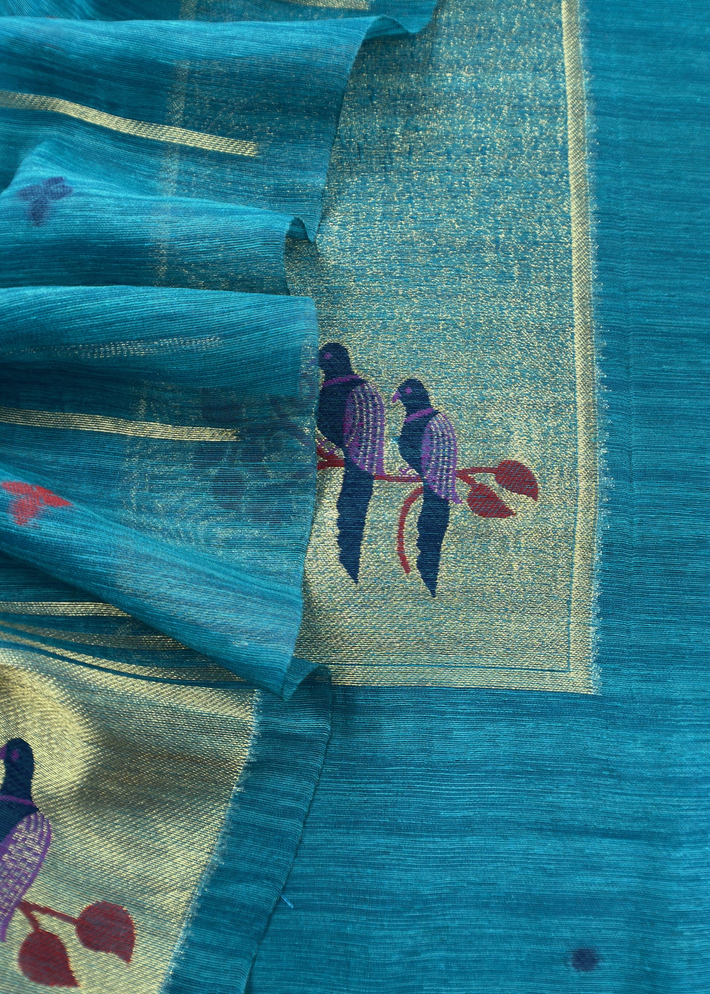 Turquoise Jamdani Woven Unstitched Suit With Paithani Work