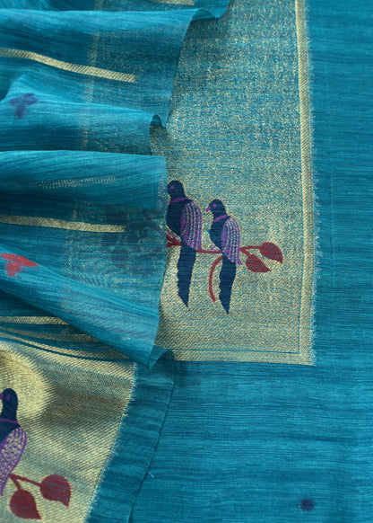 Turquoise Jamdani Woven Unstitched Suit With Paithani Work