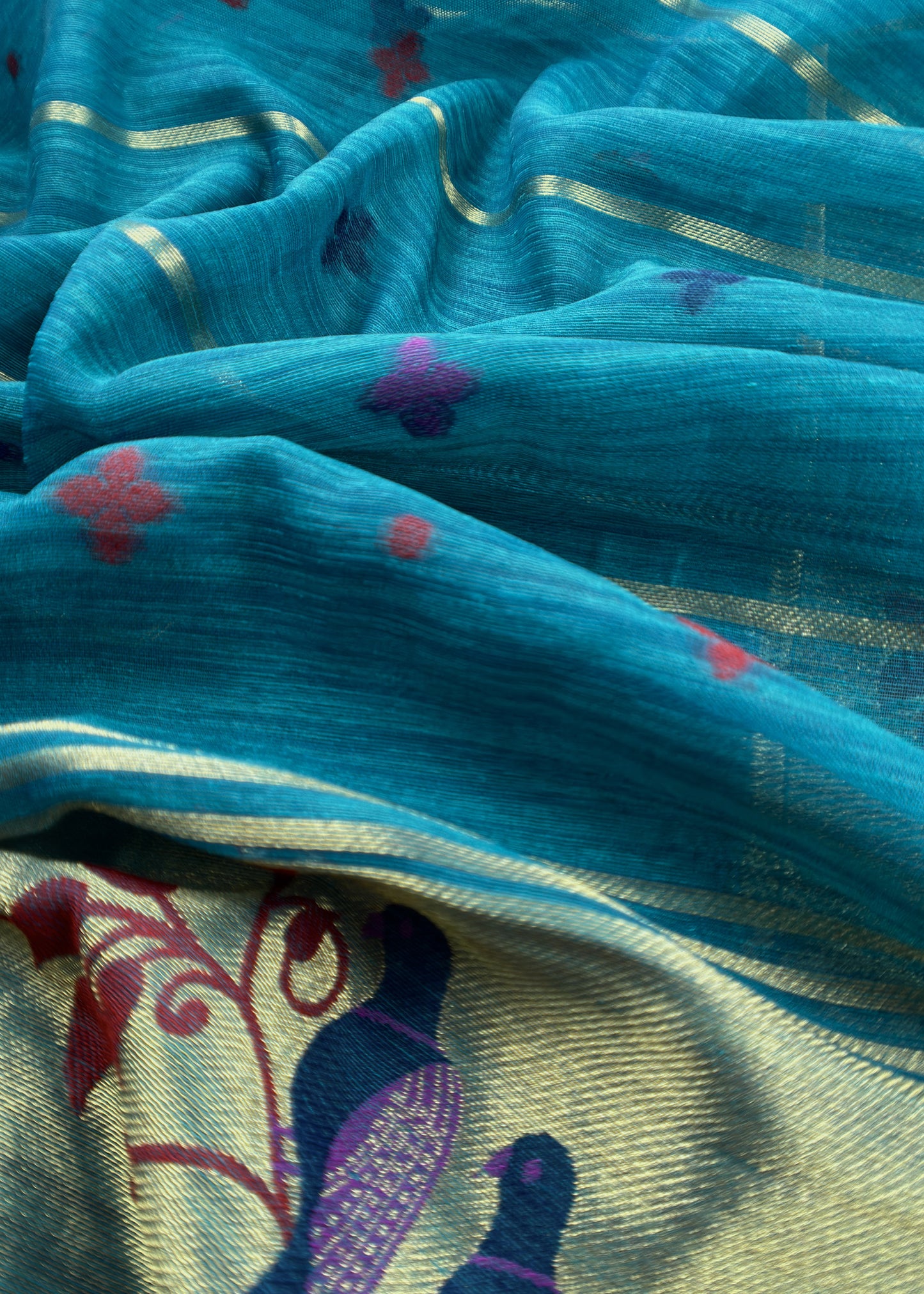 Turquoise Jamdani Woven Unstitched Suit With Paithani Work