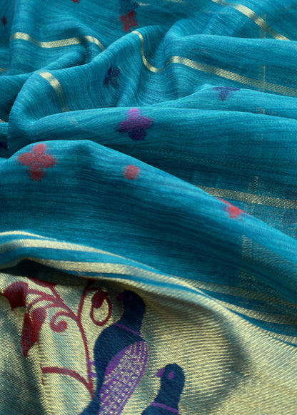 Turquoise Jamdani Woven Unstitched Suit With Paithani Work