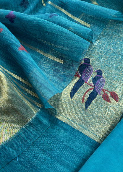 Turquoise Jamdani Woven Unstitched Suit With Paithani Work