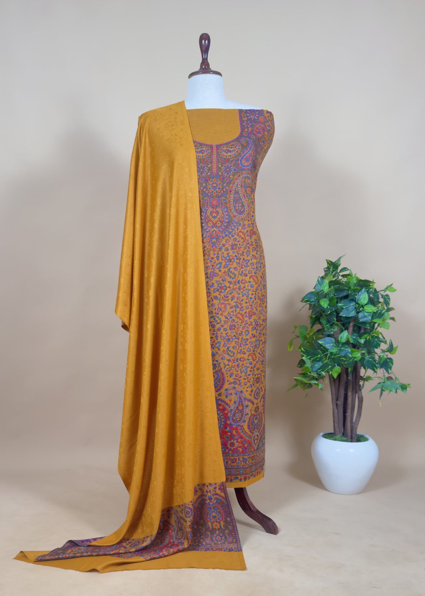 Yellow Handloom Pashmina Suit With Kani Zari Weaving