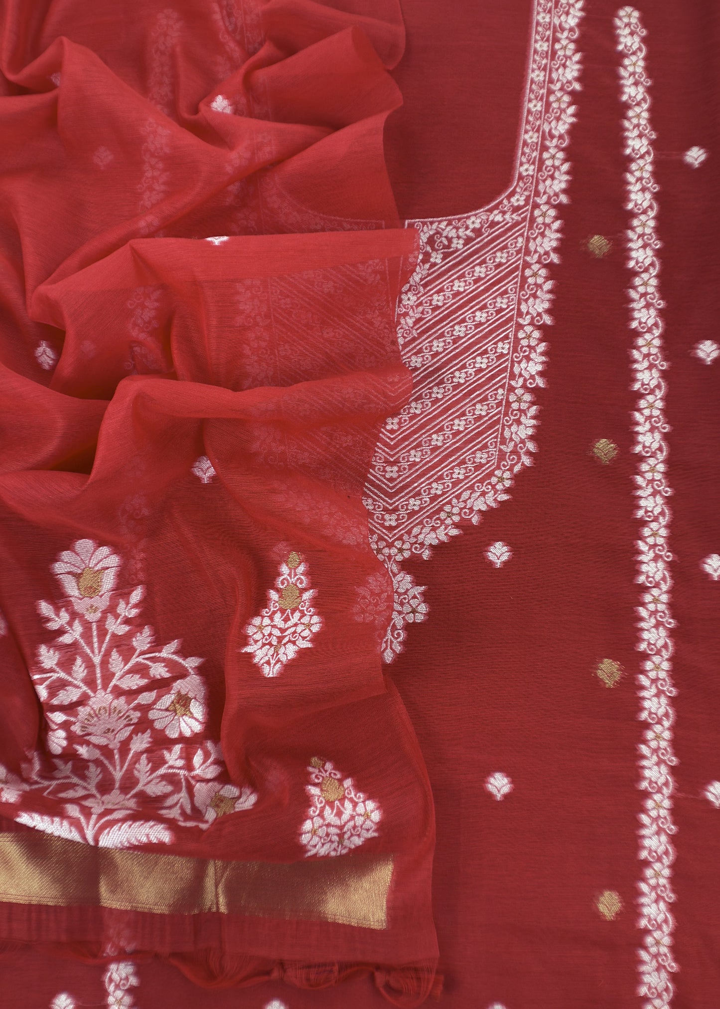 Red Jamdani Weaved Suit Fabric In Linen Chanderi