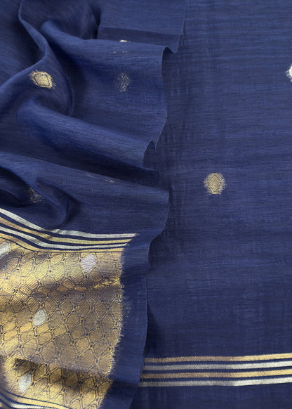 Dark Blue Chanderi Unstitched Suit With Gold Zari Jamdani Weaving