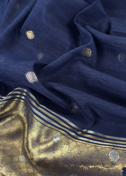 Dark Blue Chanderi Unstitched Suit With Gold Zari Jamdani Weaving