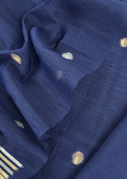 Dark Blue Chanderi Unstitched Suit With Gold Zari Jamdani Weaving