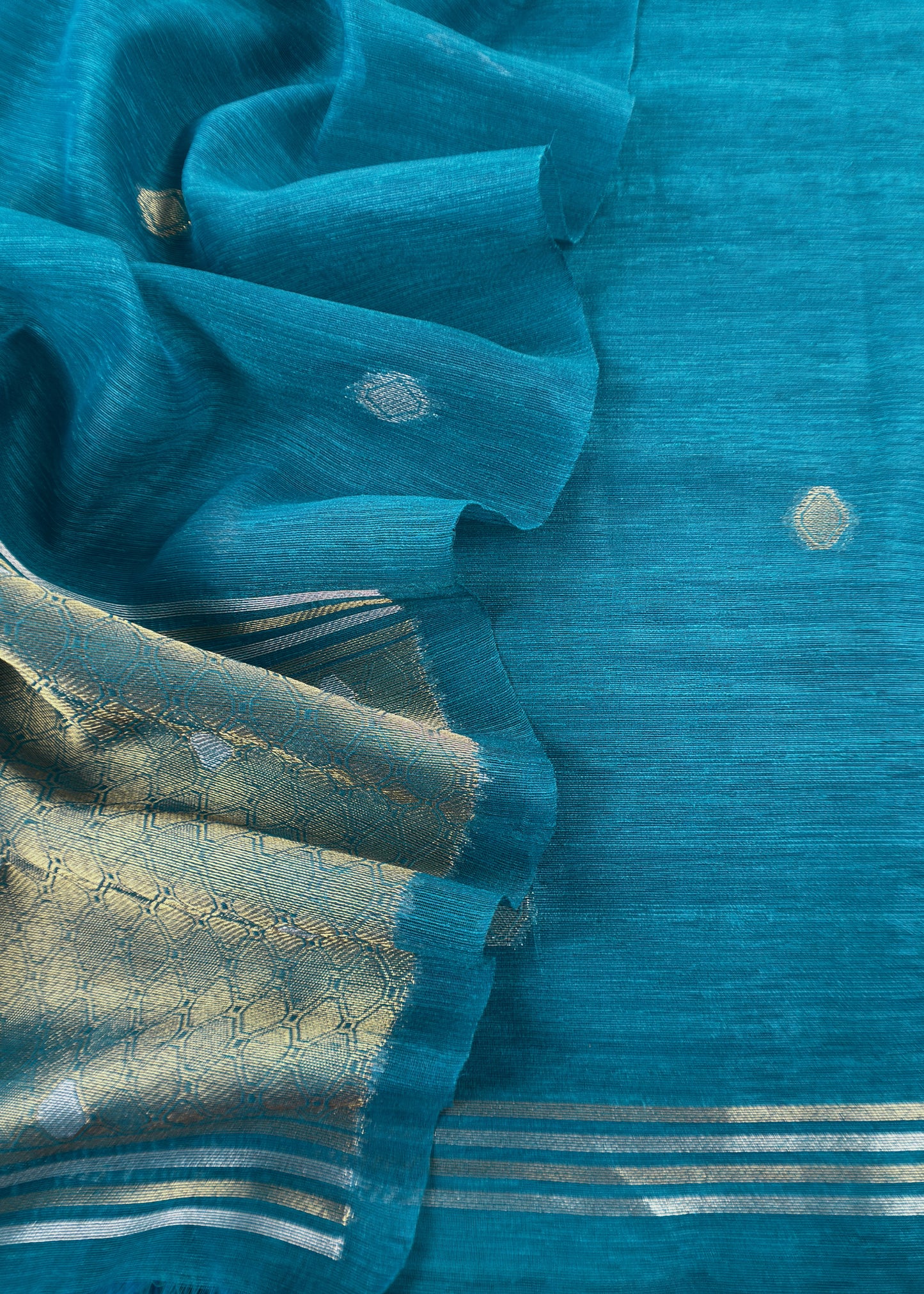 Turquoise Chanderi Unstitched Suit With Gold Zari Jamdani Weaving