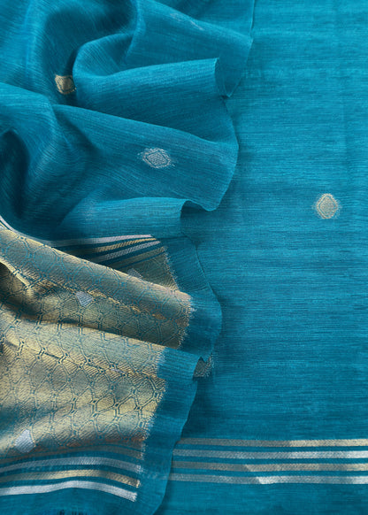 Turquoise Chanderi Unstitched Suit With Gold Zari Jamdani Weaving