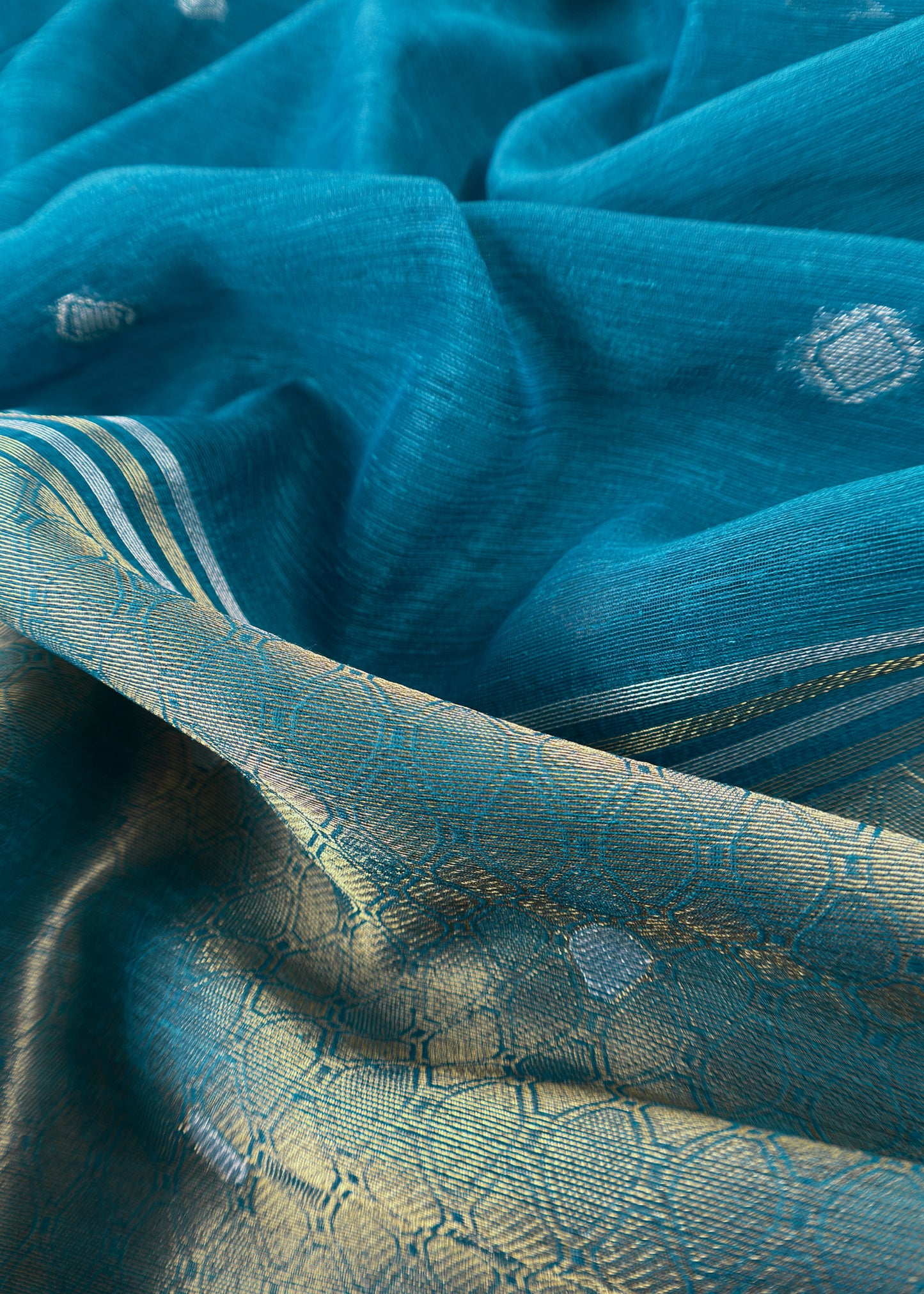 Turquoise Chanderi Unstitched Suit With Gold Zari Jamdani Weaving