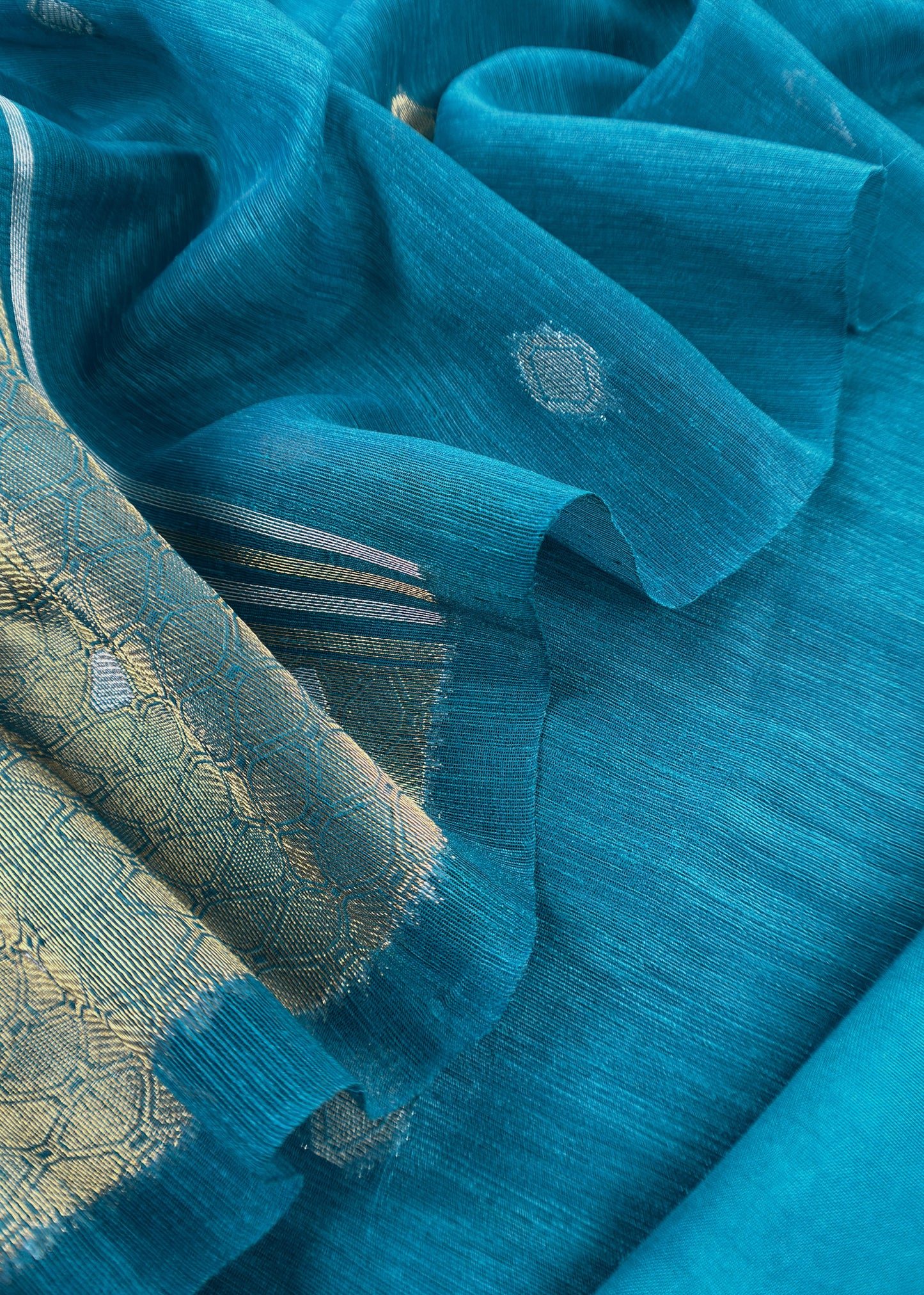 Turquoise Chanderi Unstitched Suit With Gold Zari Jamdani Weaving