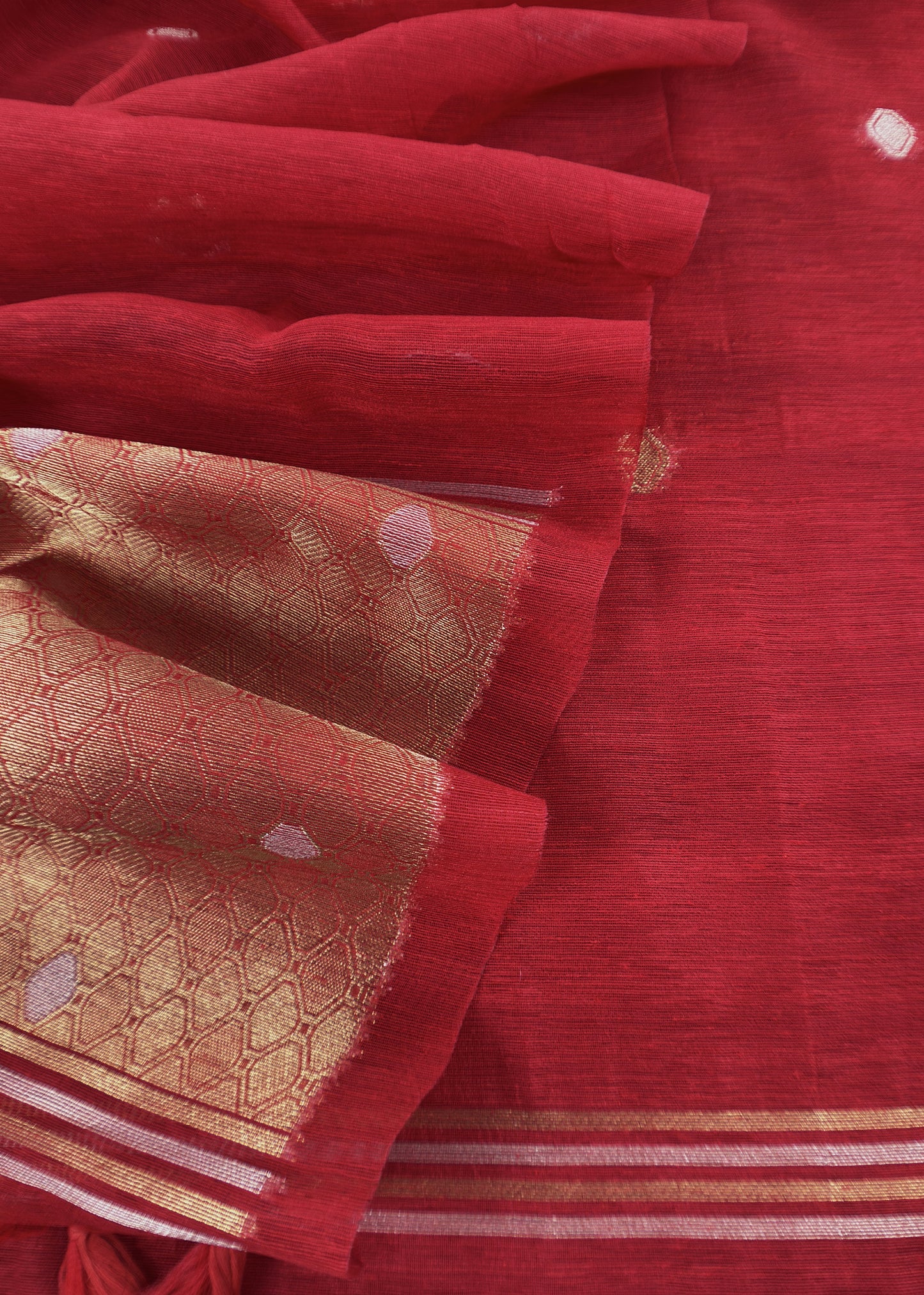 Red Chanderi Unstitched Suit With Gold Zari Jamdani Weaving