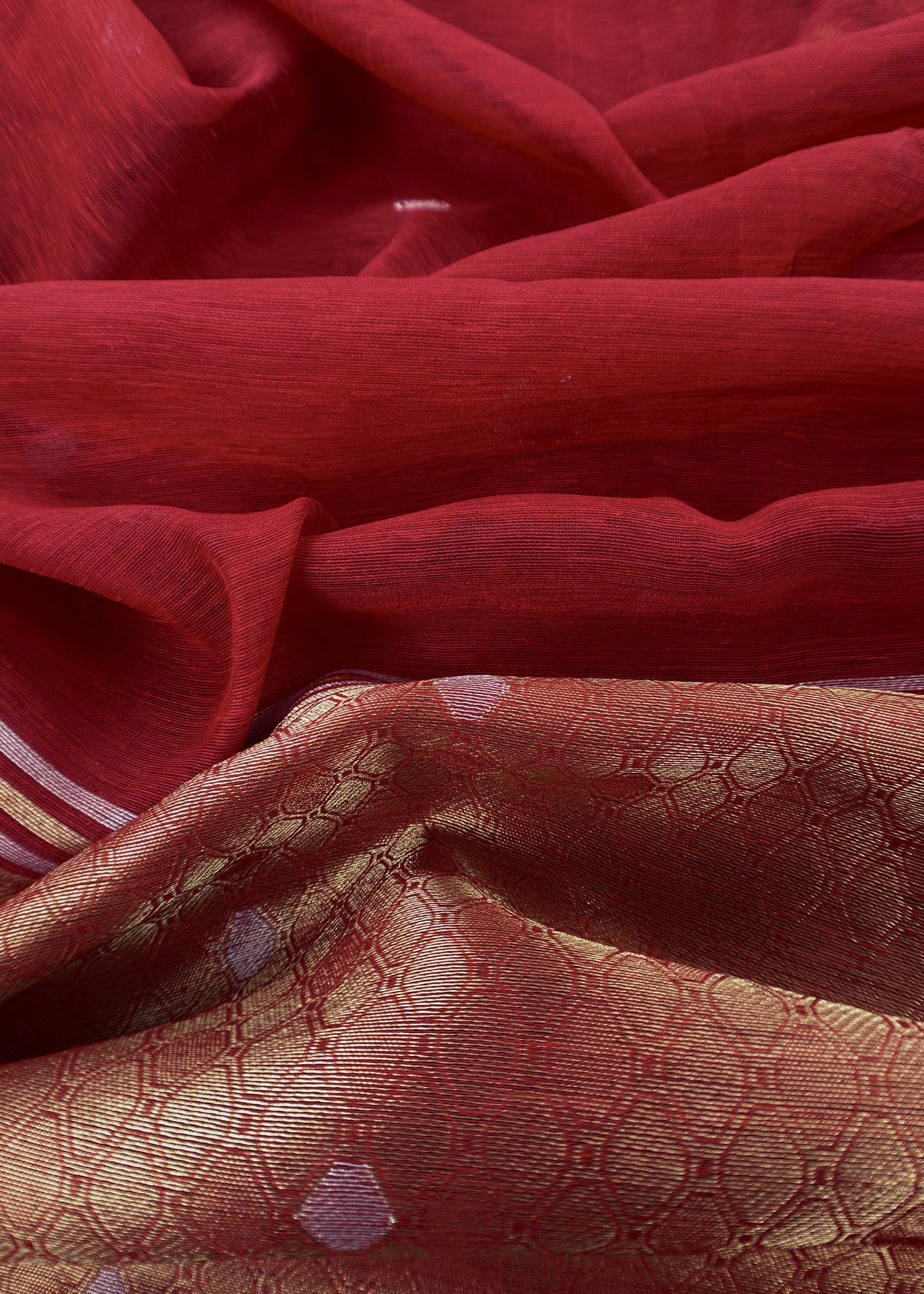 Red Chanderi Unstitched Suit With Gold Zari Jamdani Weaving