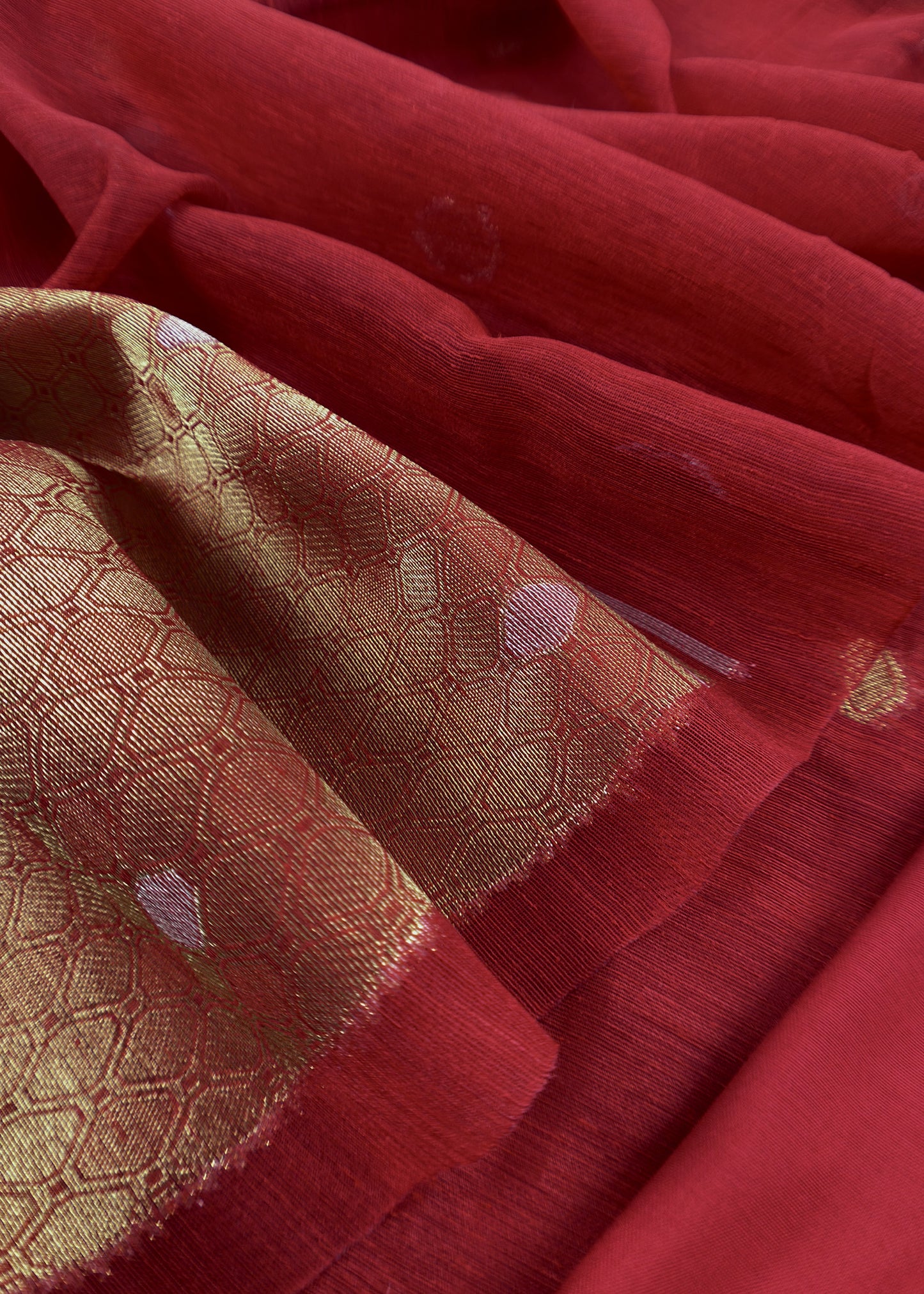 Red Chanderi Unstitched Suit With Gold Zari Jamdani Weaving