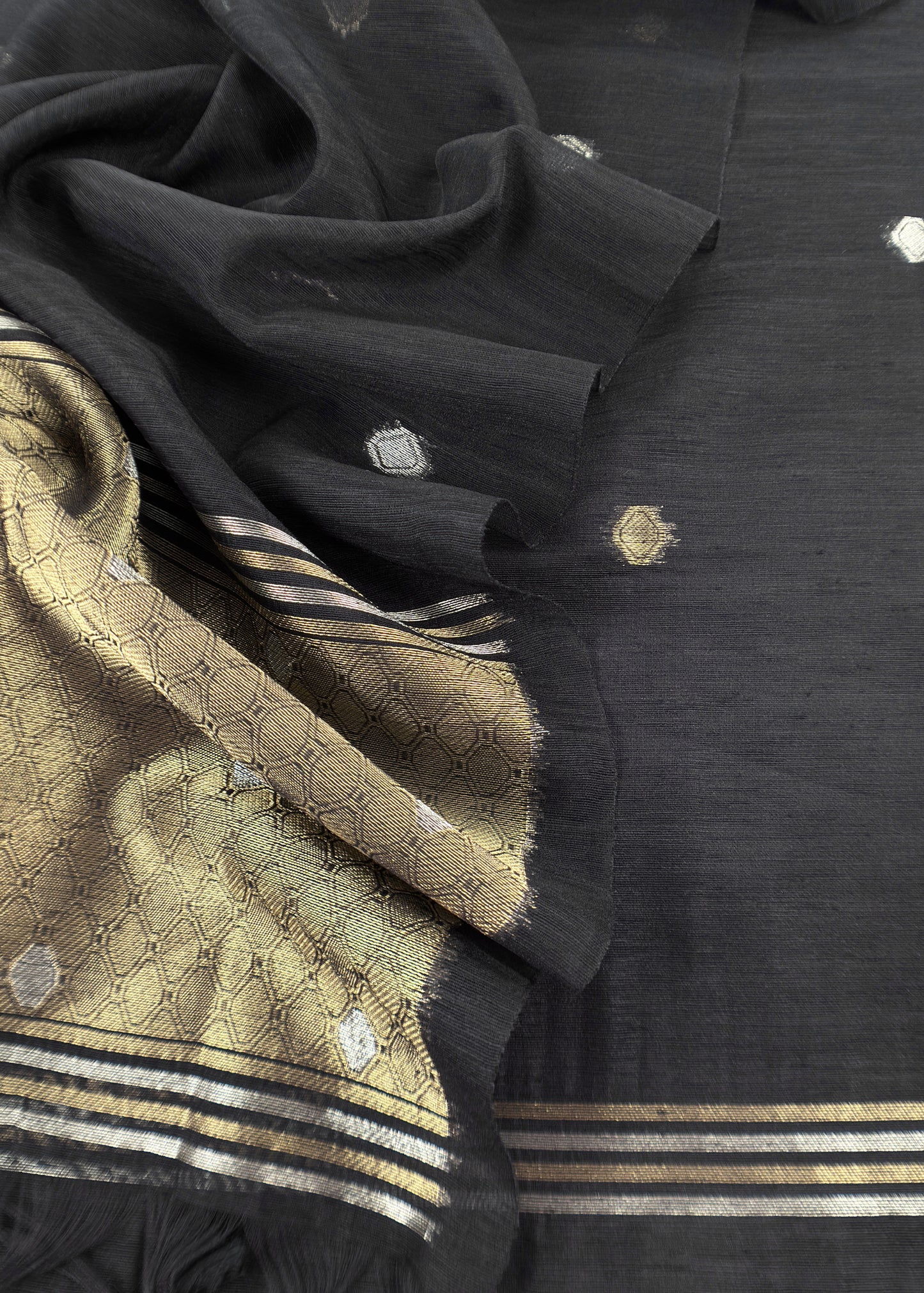 Black Chanderi Unstitched Suit With Gold Zari Jamdani Weaving