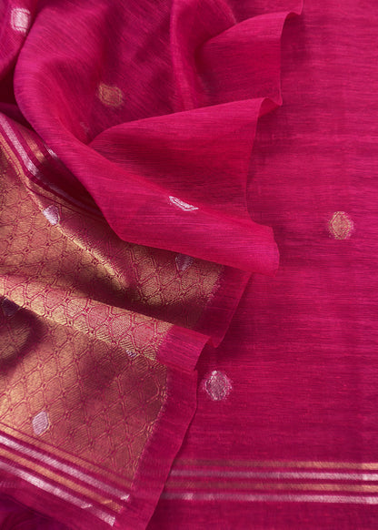 Pink Chanderi Unstitched Suit With Gold Zari Jamdani Weaving