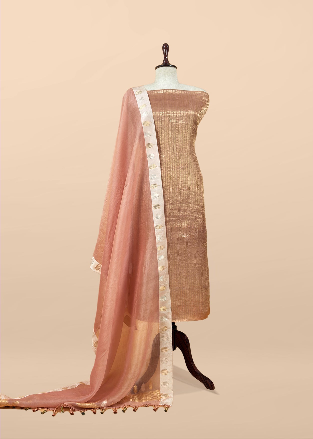 Golden With Peach Tissue Brocade With Kora Silk Dupatta