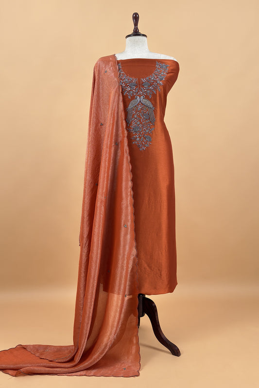 Rust Pure Silk Suit With Tissue Silk Dupatta