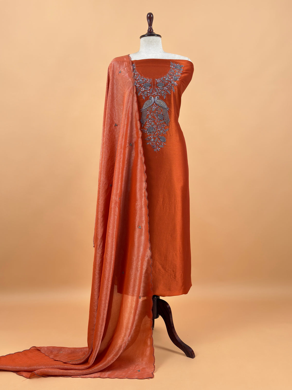 Rust Pure Silk Suit With Tissue Silk Dupatta