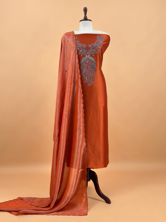 Rust Pure Silk Suit With Tissue Silk Dupatta